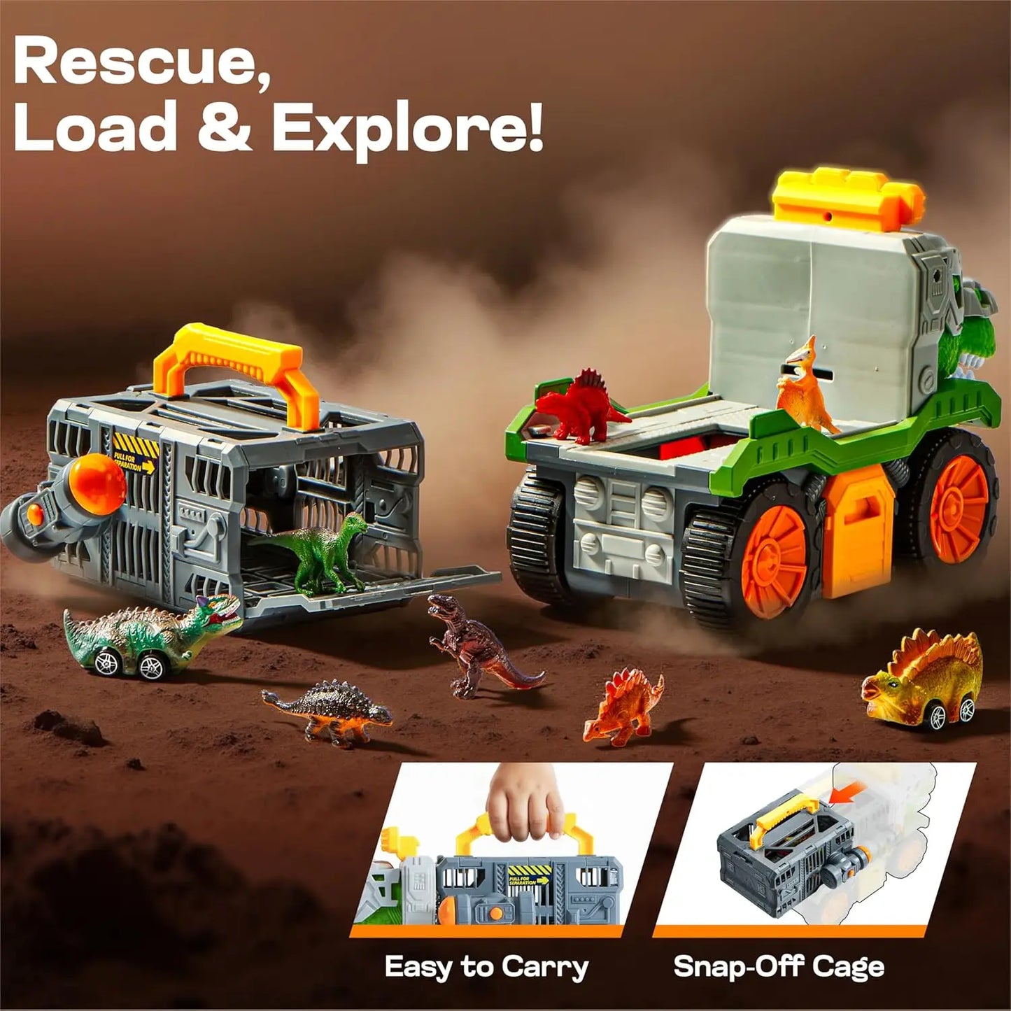 JOYFY Dinosaur Carrier Truck with 2 Pcs Cars and 6 Pcs Figures for Toddlers 3 4 5+ Year Birthday Christmas Gifts Toys