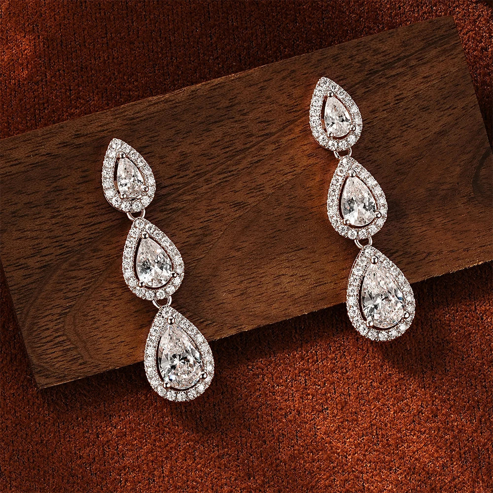 OXTAO 3-Stone Pear Cut 5A CZ Halo Drop Earrings for Women Girl Birthday Party Gift D VVS1 for Women Tassel Moissanite Dangle Earrings 14K Gold Filled