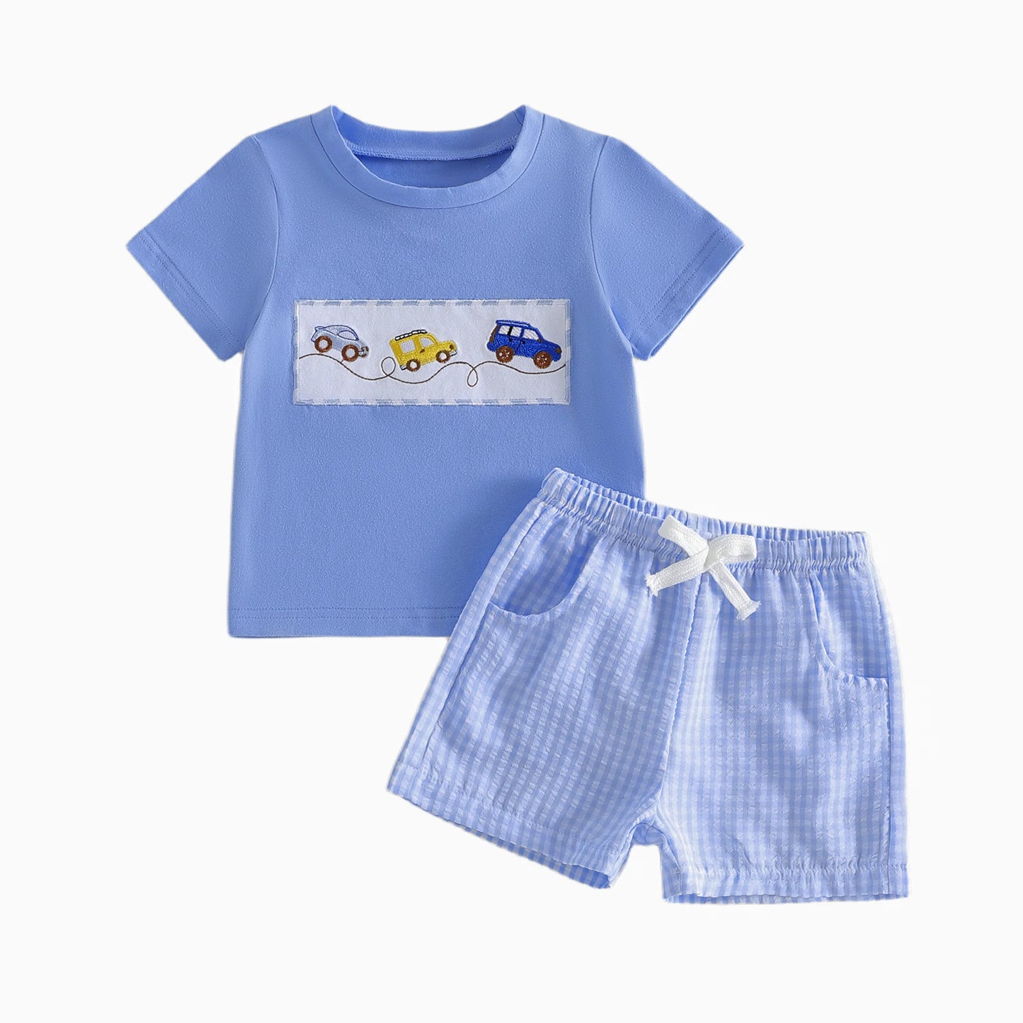 Boys Summer Outfit Set with Short Sleeve Car Embroidered O Neck Top and Plaid Shorts for a Stylish Look