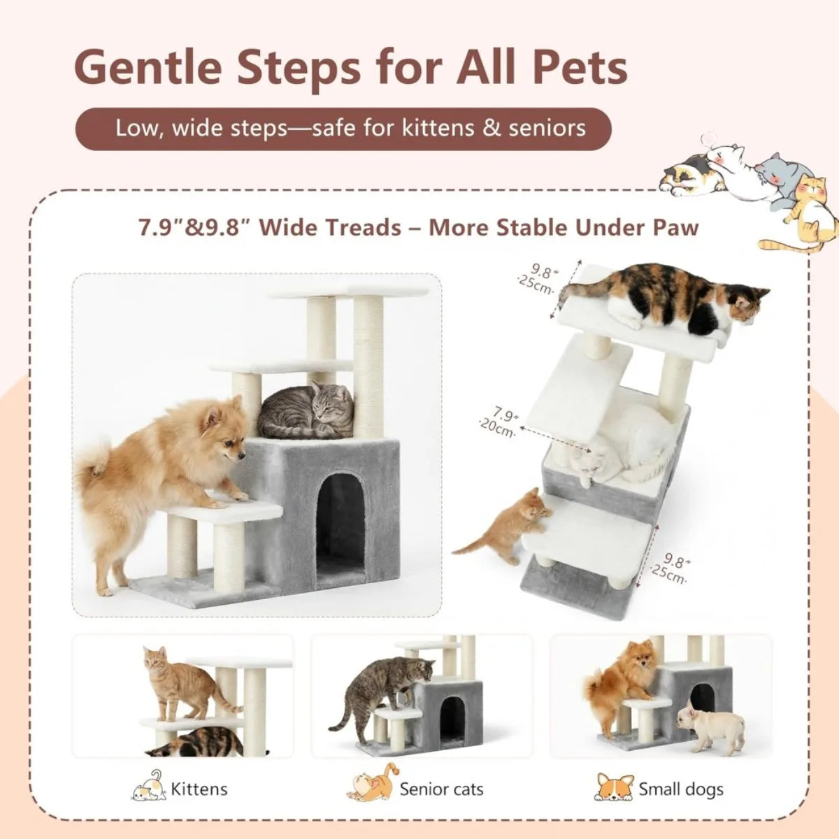 Pet Stairs for Cats and Small Dogs 29.5 inch High Steps with Condo Cave and Sisal Scratchers for Indoor Use