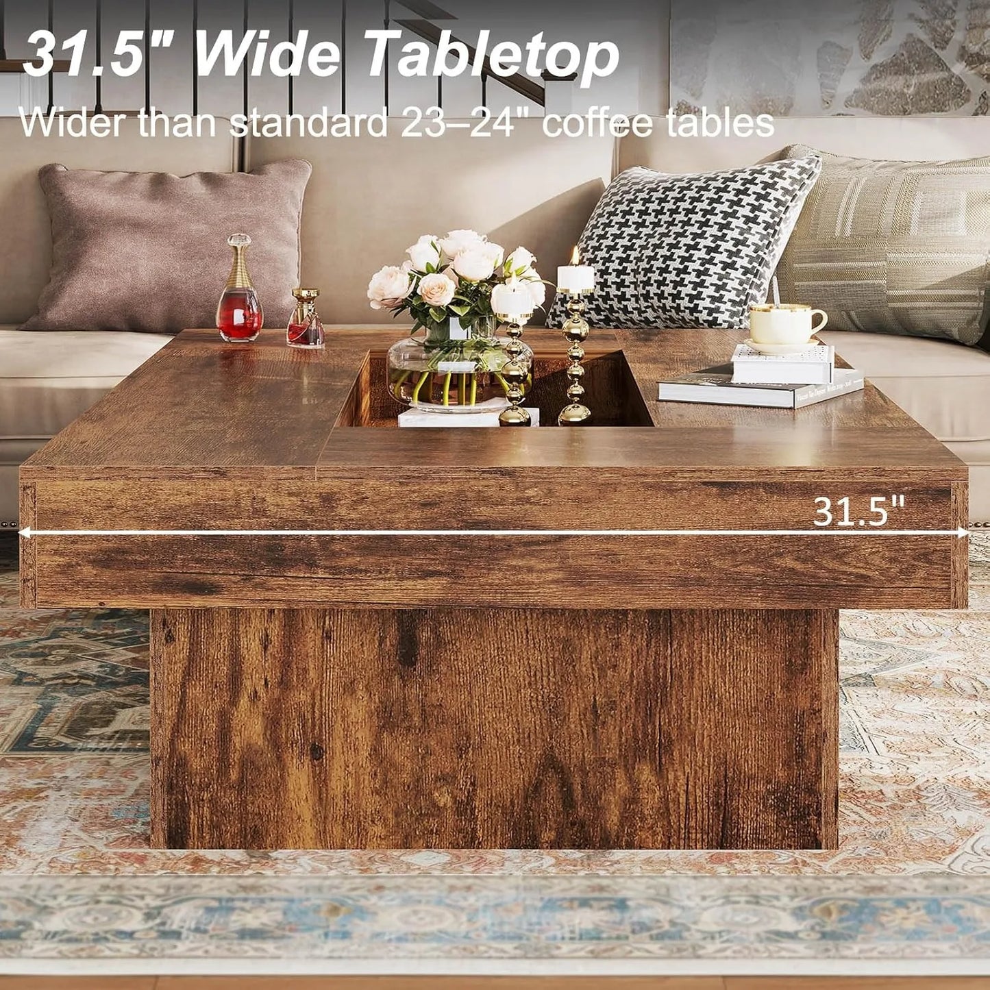 Rustic Large Wood Coffee Table with Storage LED Light Modern Farmhouse Low Wide Rectangle for Living Room Office 47 Inch
