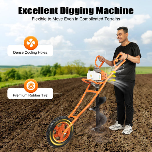 2-Stroke 63CC Post Hole Digger with Earth Auger Drill, 3HP Gas Powered Earth Auger Borer Ground Drill