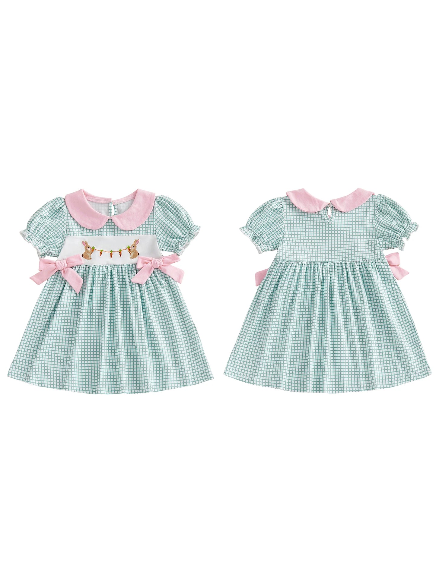 Adorable Baby Girl Easter Dress with Plaid Rabbit Carrot Embroidery Doll Collar and Bubble Sleeves for a Cute Look