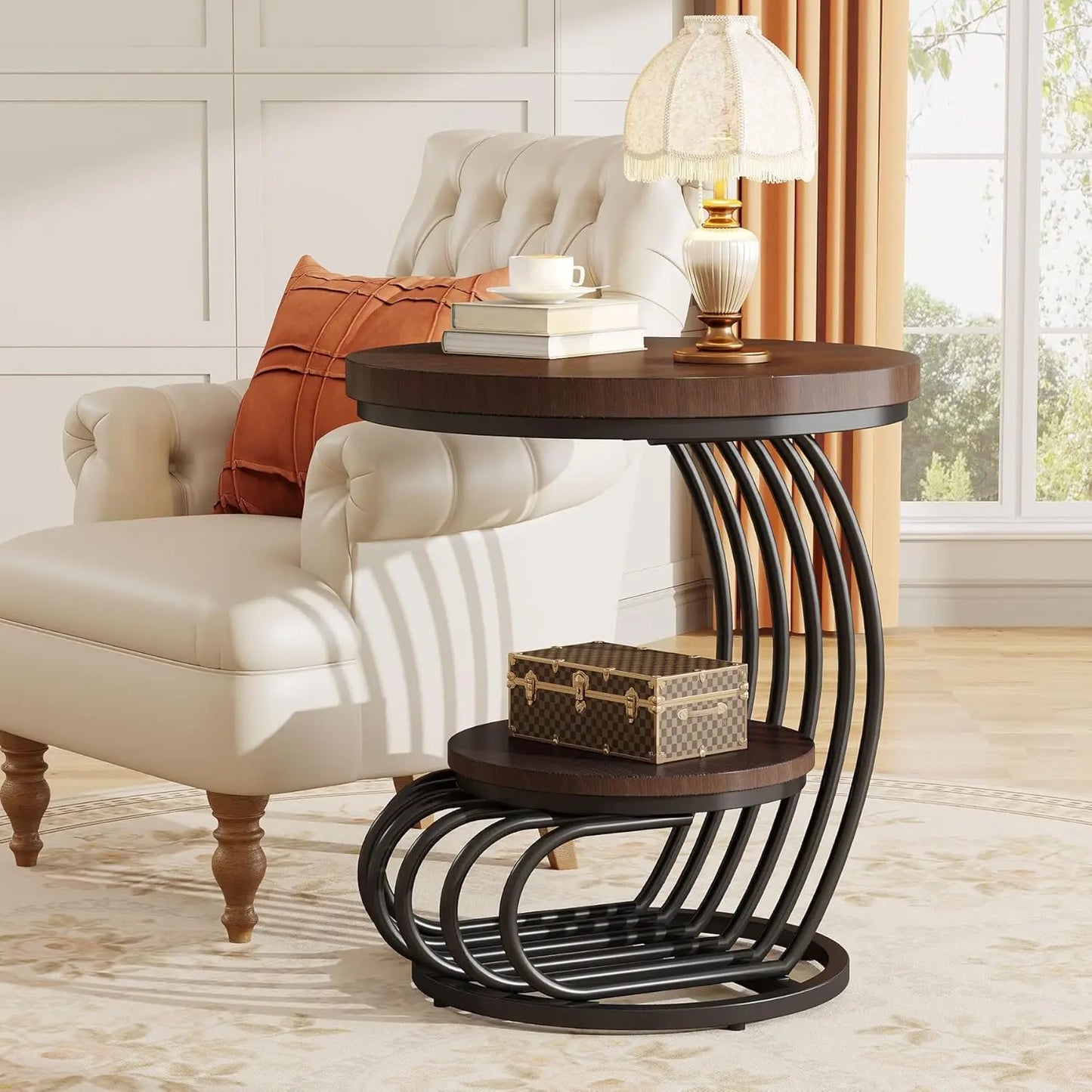 Round End Side Table: Side Table with 2 Tiers Storage Shelves, Small Bedside Table Accent Table with Arc-Shaped Frame