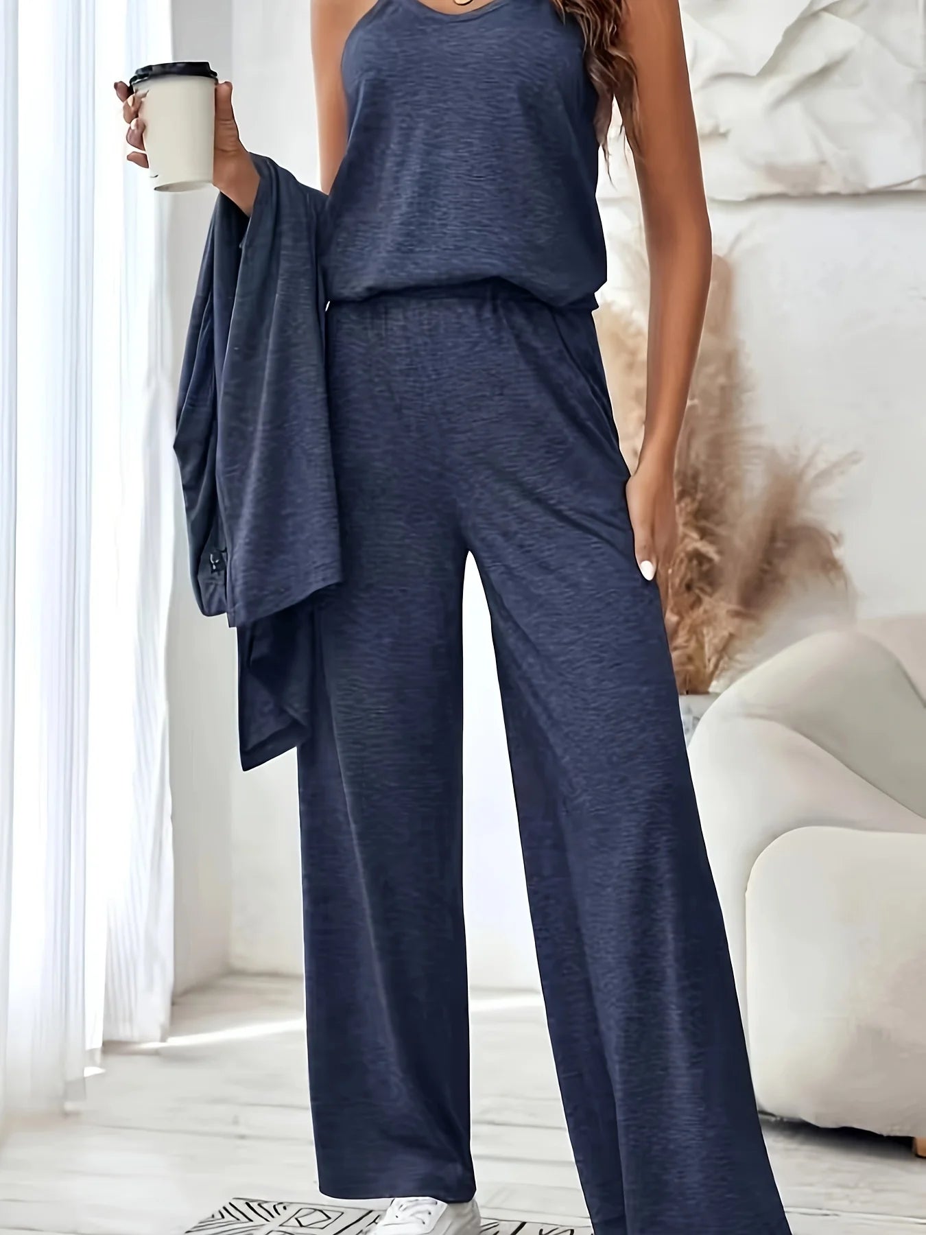 Plus size women's lazy loungewear knit 3-piece set; mixed color textured tank top, long cardigan, high-waisted pocket wide-leg pants loose set
