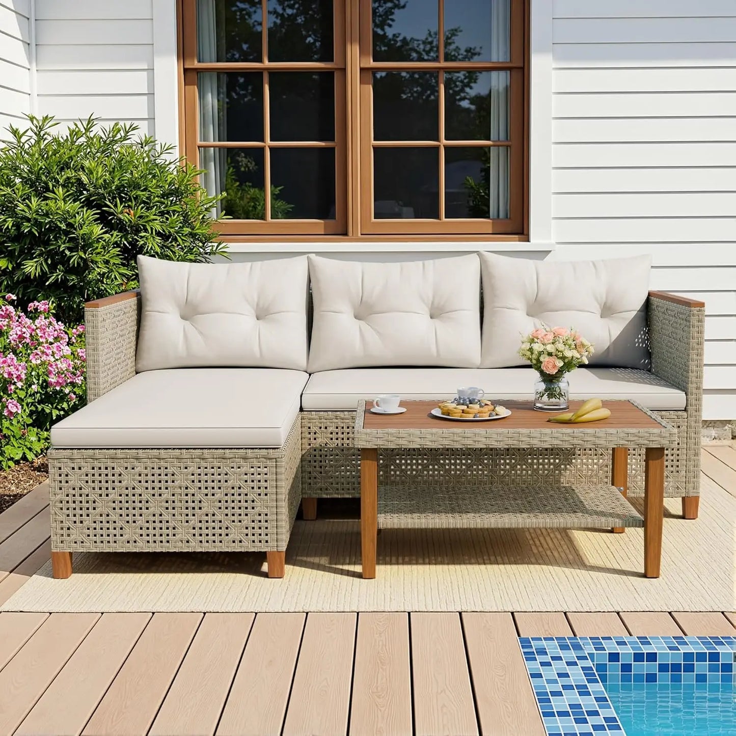 3 Piece Outdoor Sectional Sofa Set Hollow Rattan Patio Seating with Coffee Table & Ottoman for Deck Porch Poolside, Customized