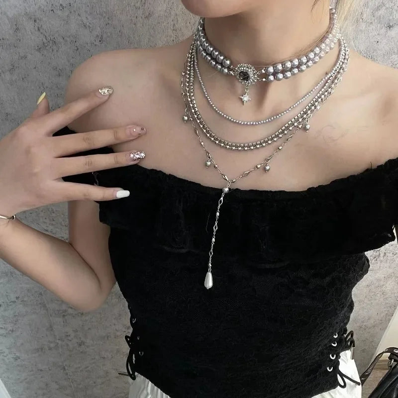 Multi layered necklace with stainless steel punk style hip-hop collarbone chain for couples to wear as holiday gift