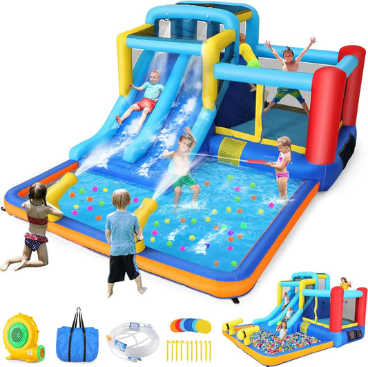 Bounce House with Double Water Slide for Kids Backyard w/Blower, 12x10x6.5 FT Jump and Slide Inflatable Water Park w/ 2 Slides,