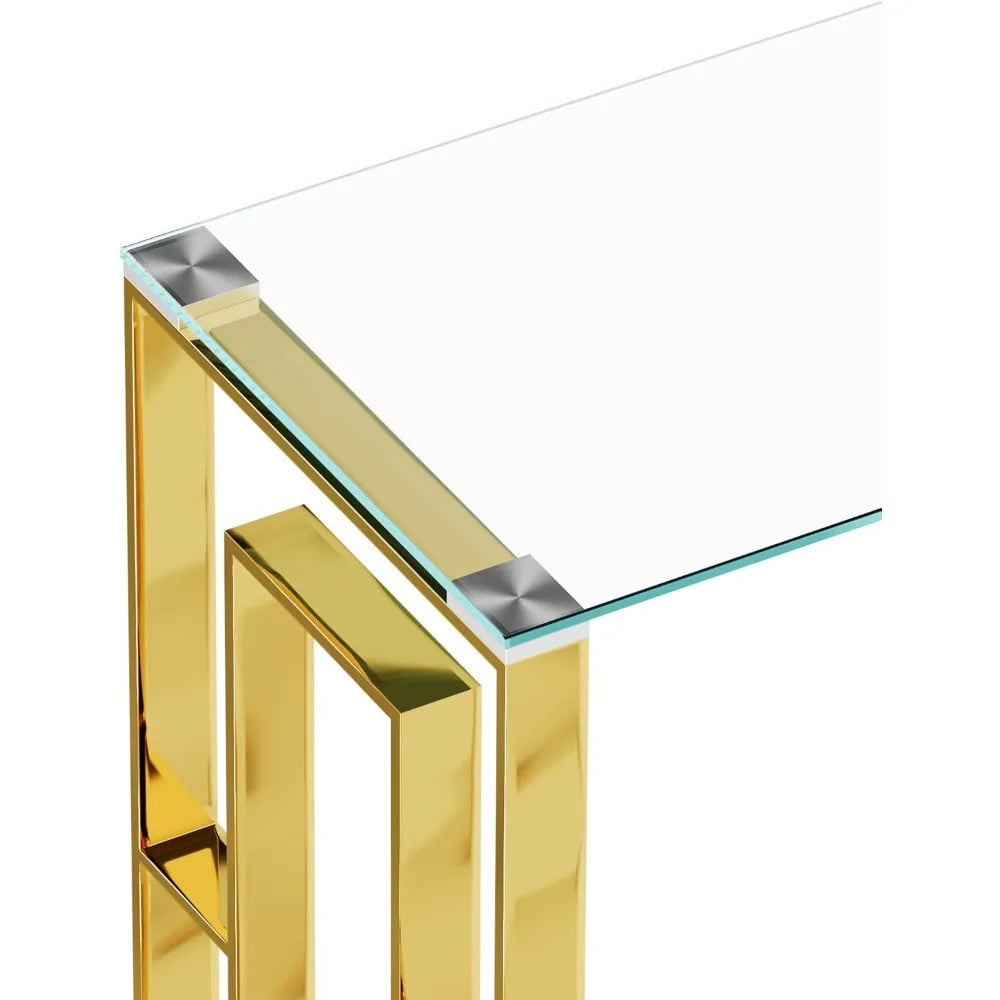 Toughened Glass Console Table,Clear Glass Accent Console Sofa Table with Stainless Steel Frame,Gold Entry Tables for Hallway, So