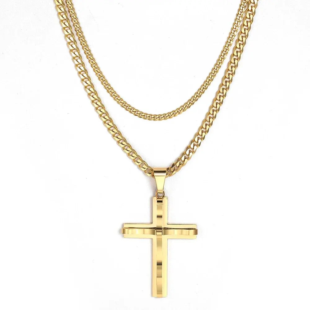 Womens Mens 2pcs Cross Pendant Necklace Layered Gold Color Stainless Steel Curb Cuban Link Chain Wholesale Jewelry