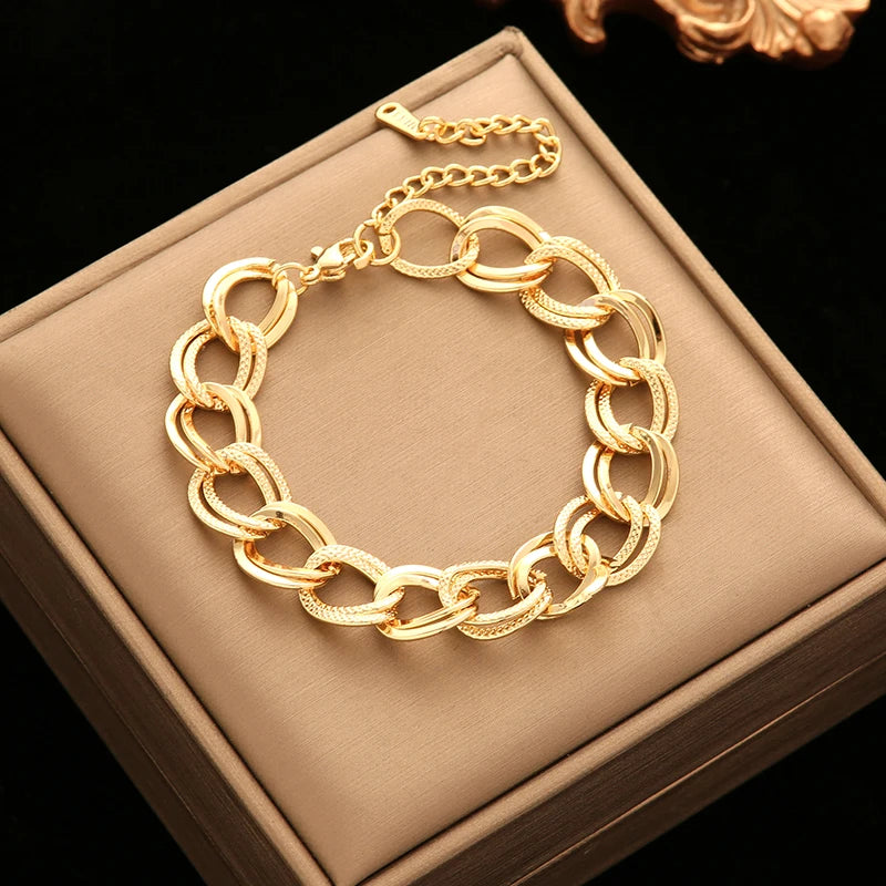 EILIECK 316L Stainless Steel 18K Gold Plated Double Link Chain Necklace Bracelet Set Charm Fashion Women Waterproof Jewelry Gift