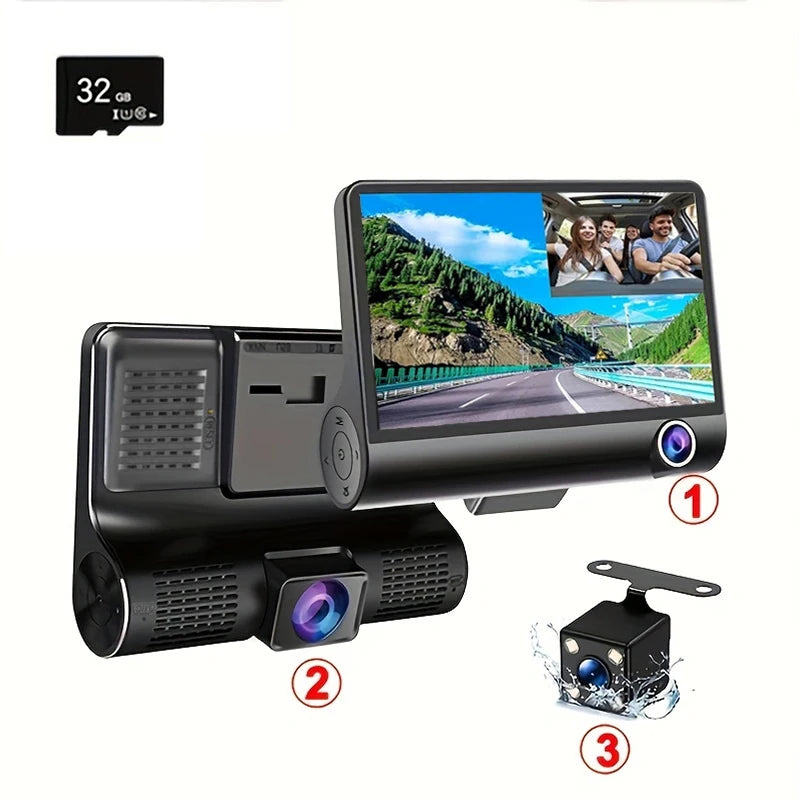 4.0-Inch 1080P HD Night Vision Dash Recorder 3 Camera Cycle Recording Can Record Three Viewing Angles At The Same Time
