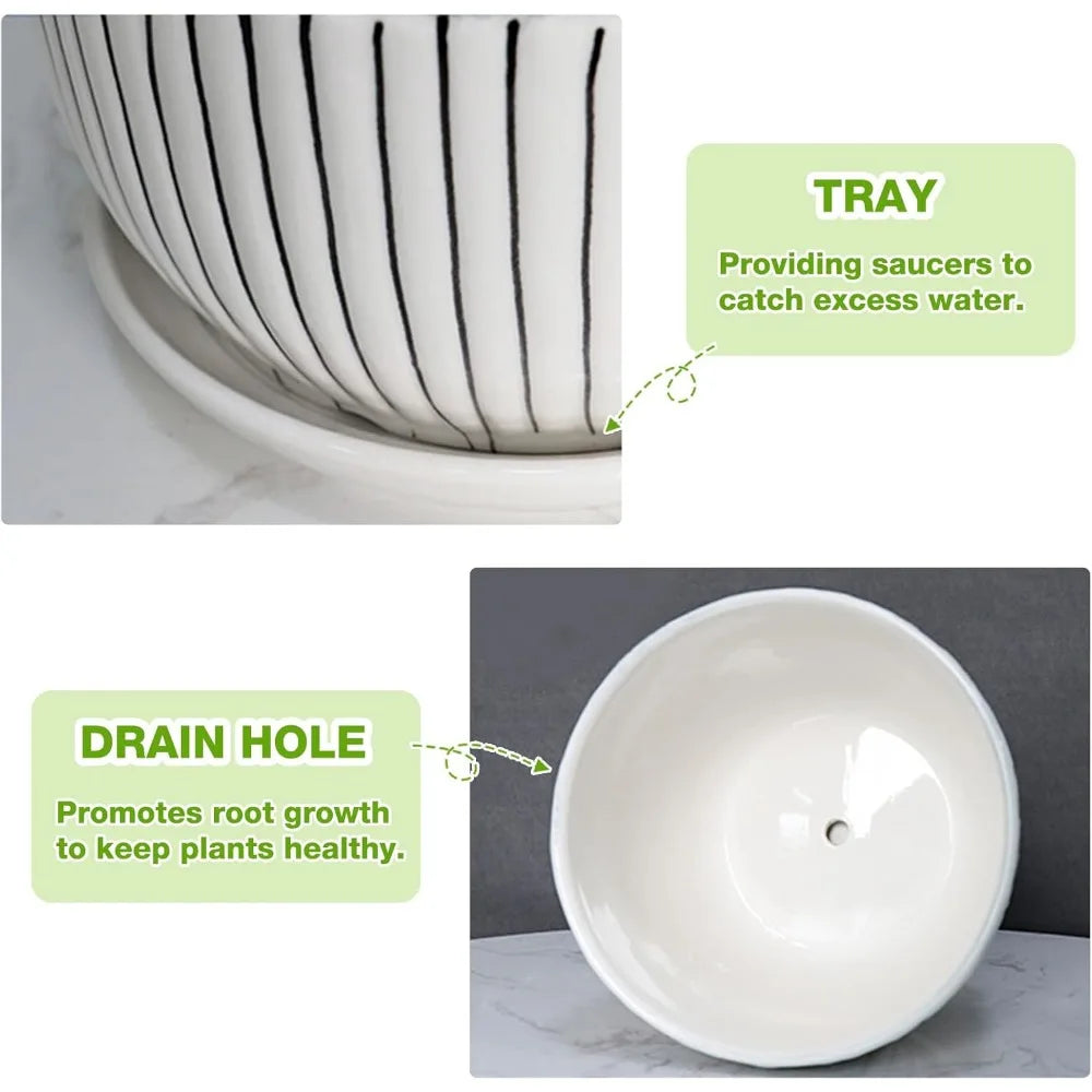 Set of 3 Ceramic Planters with Drainage 6.75 5.6 4.2 inch Saucers Modern Indoor Outdoor Flower Succulent Garden Pots