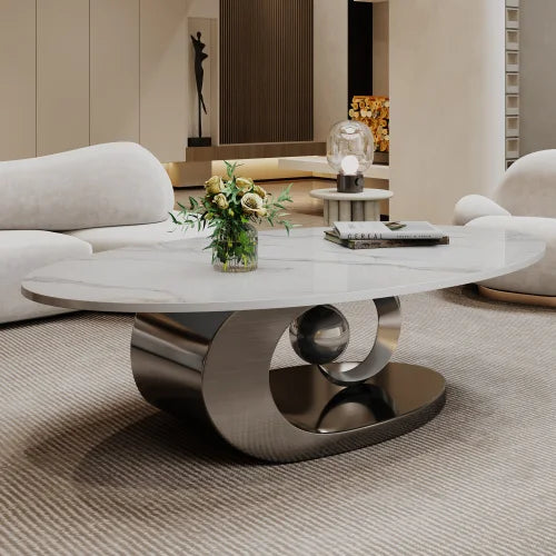 Modern Faux Marble Sintered Stone Coffee Table With Stainless Steel Base