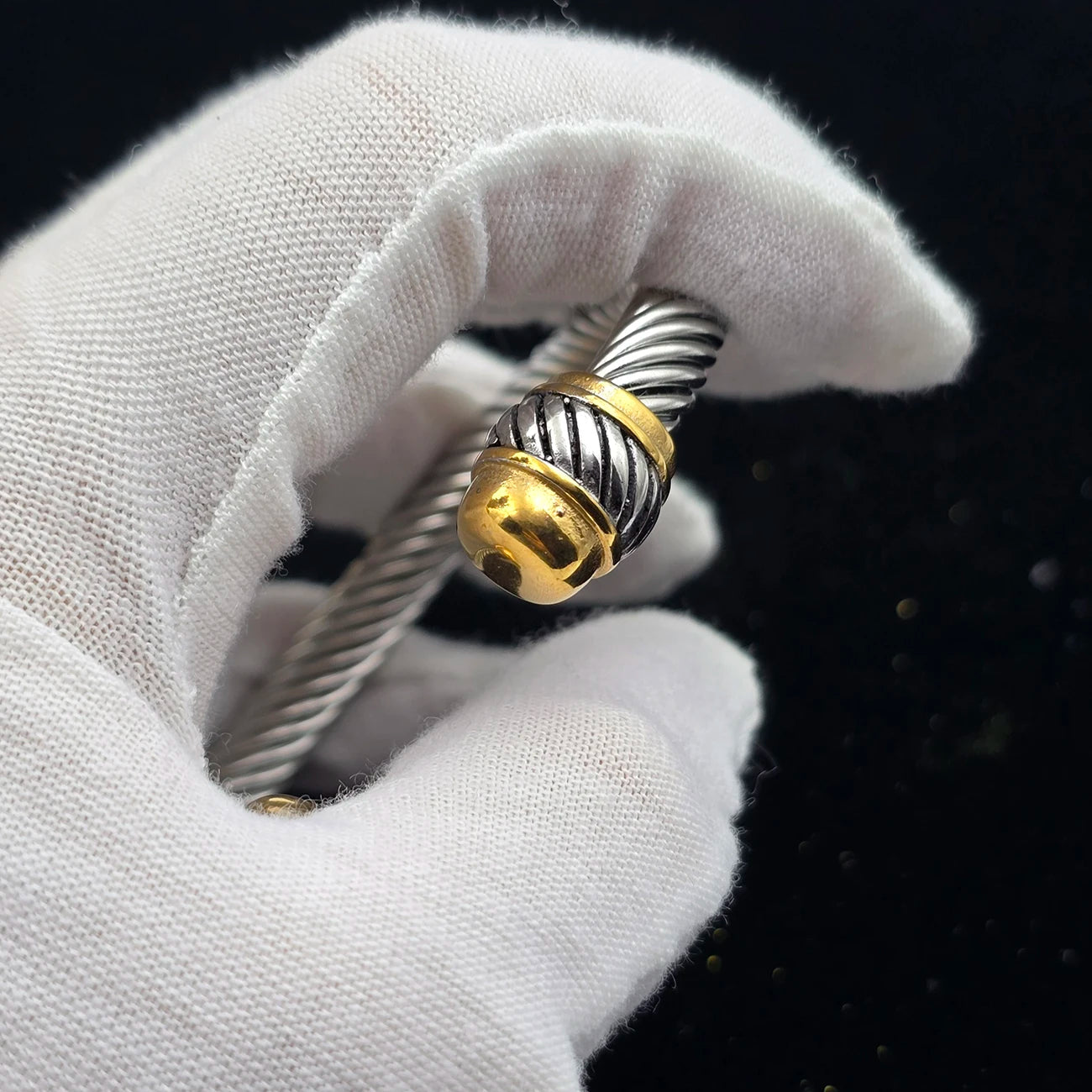 7mm Stainless Steel Cable Bracelet Designed for Women Two-Tone Open Twisted Rope Bracelet with Jewelry Pouch Gift for Women