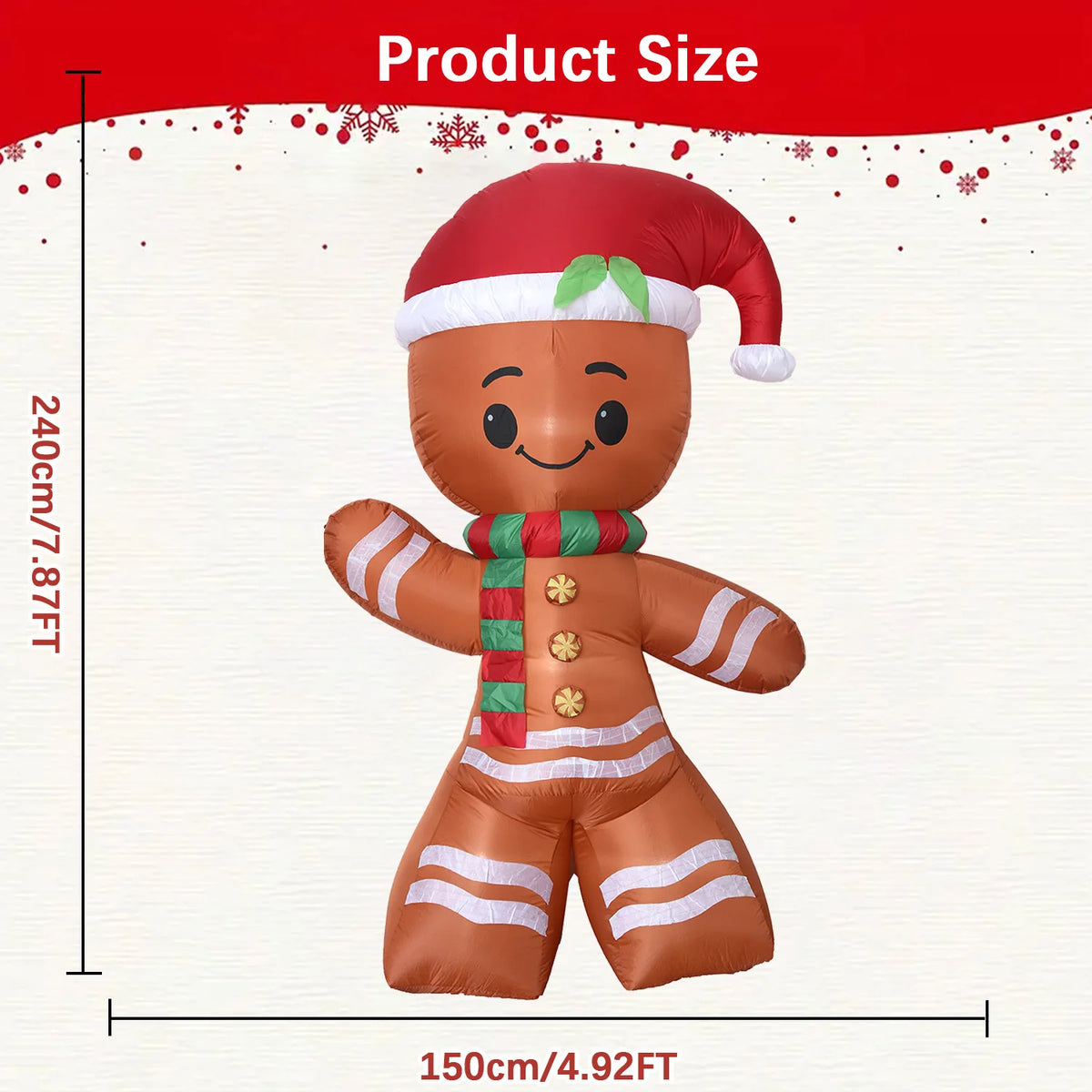 7.8FT LED Light Up Gingerbread Man Inflatable Cheerful Christmas Blow Up Decor with Santa Hat Scarf Winter Holiday Quick Inflate for Outdoor Yard Garden Lawn Chird Party Inflatable Decorative Item