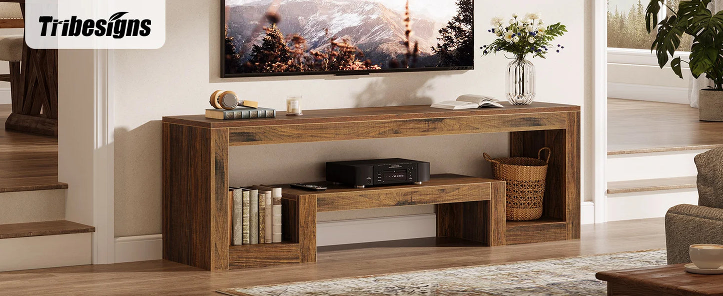Tribesigns 63-Inch TV Stand for 55/60/65-Inch TVs, Farmhouse Entertainment Center with Open Storage Shelves, Rustic Brown Television Console for Living Room, Bedroom