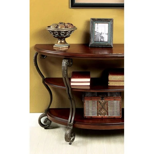 Traditional Brown Cherry Sofa Table With Open Shelf And Ornate Scroll Legs
