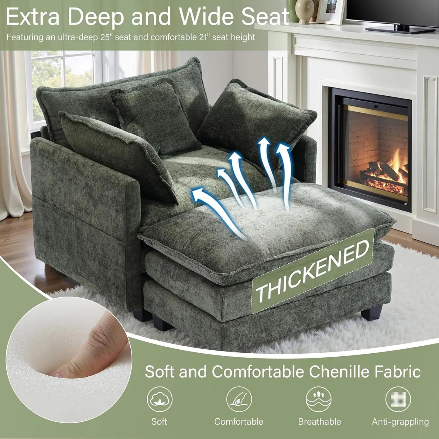 Chenille Oversized Chair with Ottoman - 40" W Comfy Accent Chair and Ottoman Set, Large Cloud Sofa Armchair with, Customized