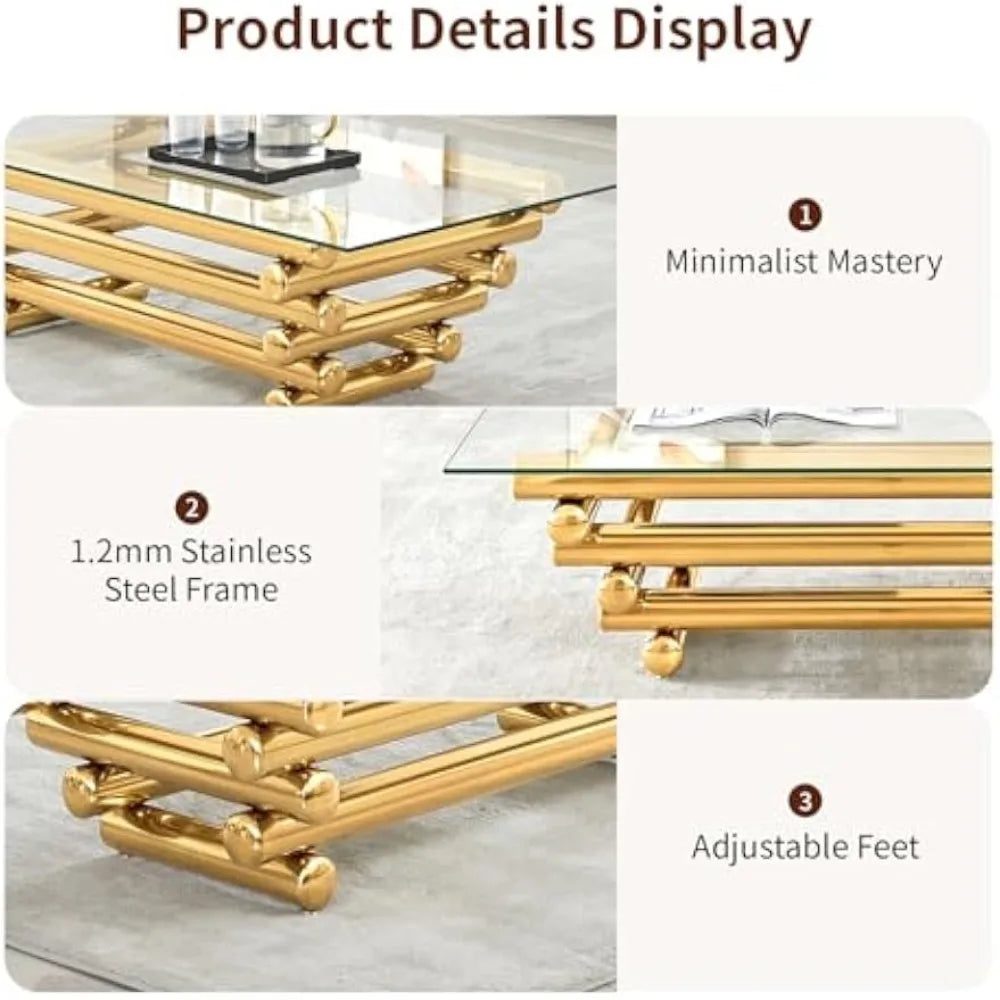 55" Glass Coffee Table, Modern Gold Coffee Tables for Living Room, Rectangular Tempered Glass Top with Stainless Steel Legs, Tea