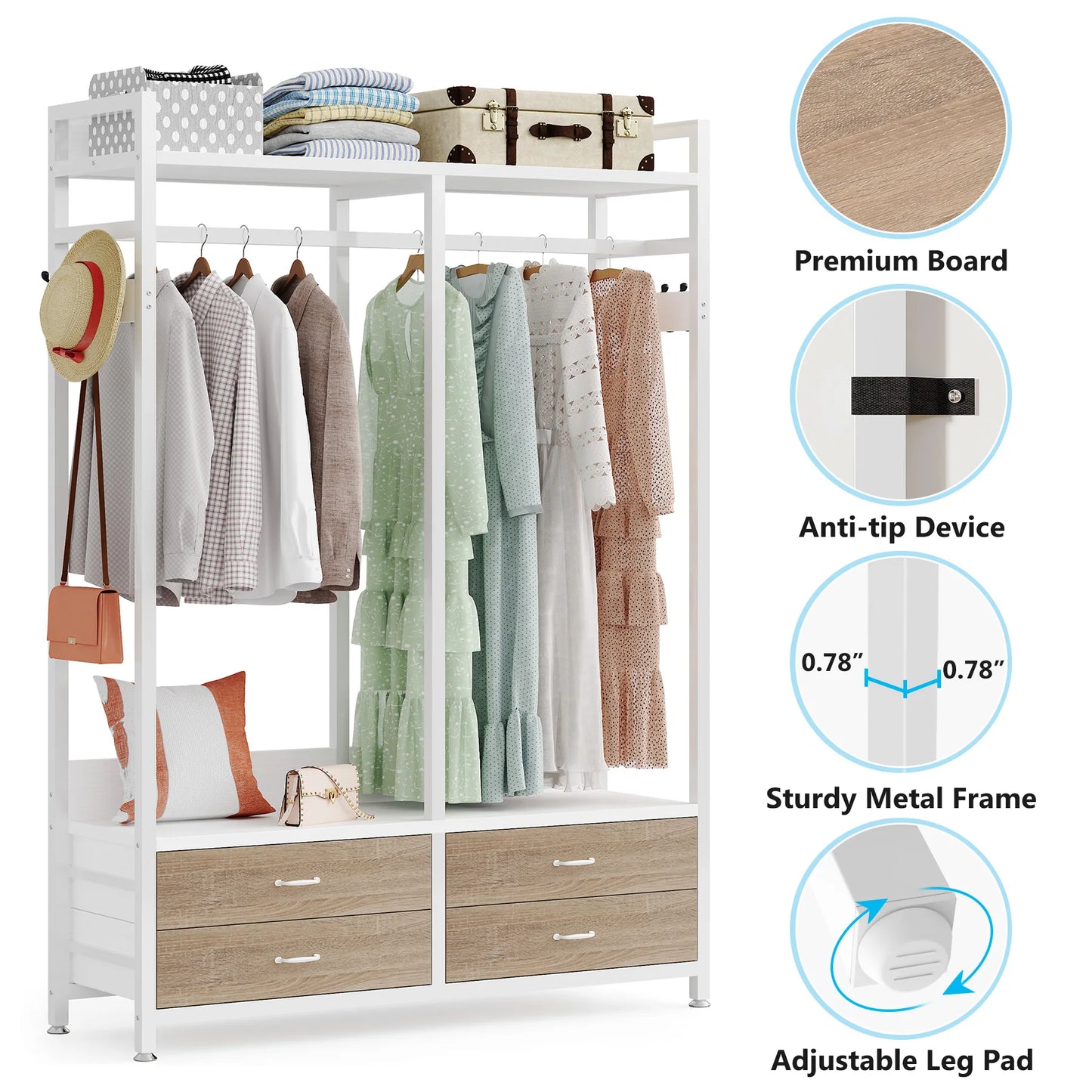 Tribesigns Freestanding Closet Organizer for Hanging Clothes, Heavy Duty Garment Rack with Drawers, 8 Hooks and Storage Shelves