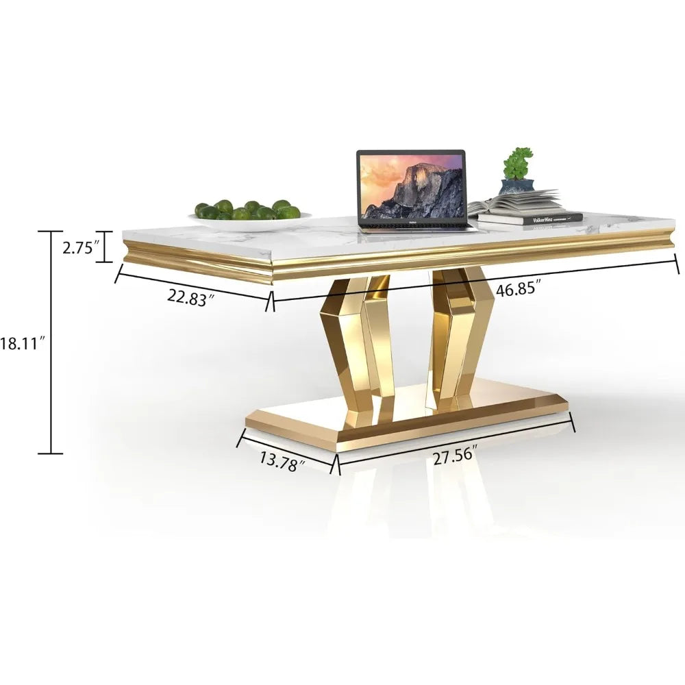 Luxury Marble Coffee Table with Stainless Steel Pedestal, 47" Modern Gold Coffee Table for Living Room, Rectangle Faux Marble To