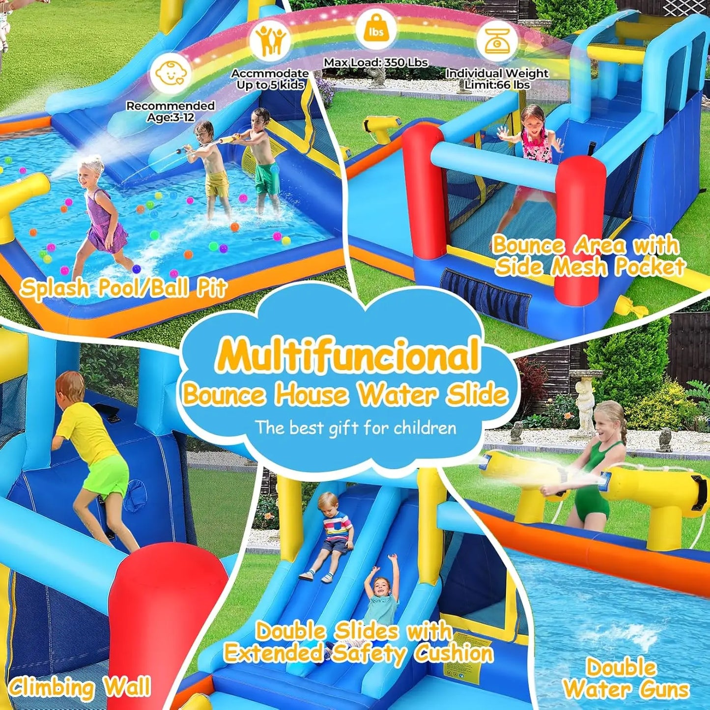 Bounce House with Double Water Slide for Kids Backyard w/Blower, 12x10x6.5 FT Jump and Slide Inflatable Water Park w/ 2 Slides,