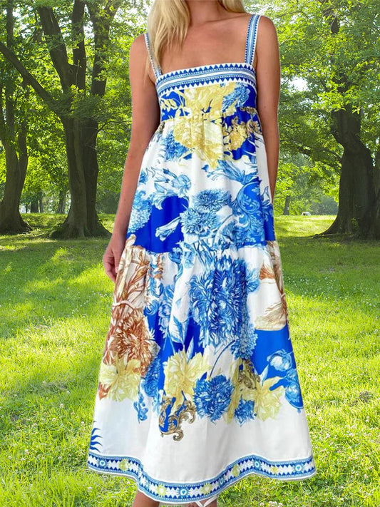 Women s Boho Maxi Dress Floral Print Sleeveless V-Neck Backless Tie-Dye Beach Dress Summer Casual Long Dress Fashion