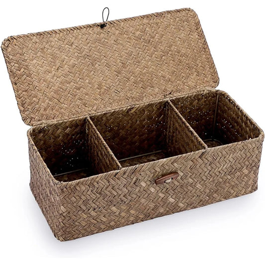 Handwoven Seagrass Storage Basket with Lid 3 Compartments Organizer Bathroom Kitchen Office Living Room Shelves Countertop