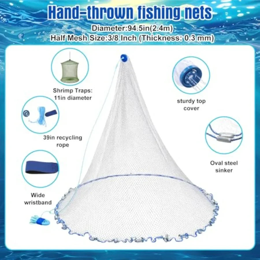 Fishing Crabbing Kit for Summer Pier Beach Use: Nylon Cast Net, Galvanized Steel Traps Lines, Blue Crab Cage, Green Butterfly N