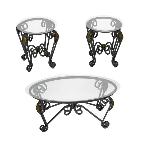 Tempered Glass Coffee Table Set Of 3 With Round Side Tables Rustic Black