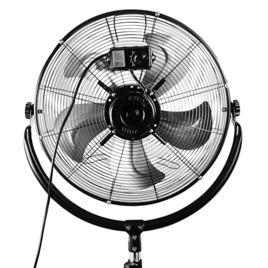 Industrial heavy duty metal pedestal drum fan for workshop use, black, 360 tilting with high velocity and quiet operation