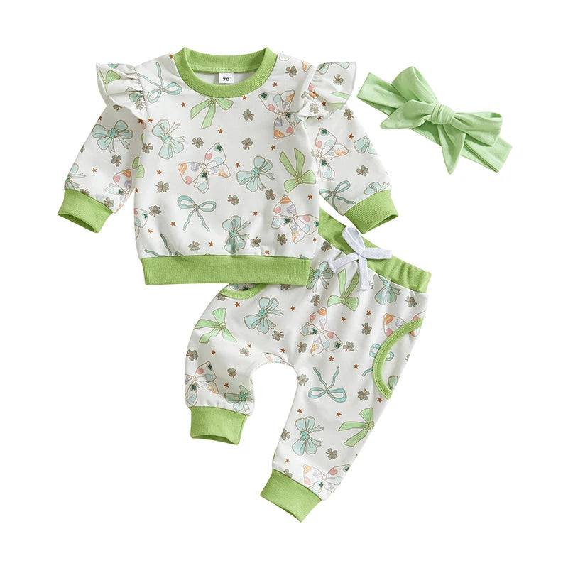 St Patrick's Day Baby Girl Outfits Green Shamrock Print Ruffle Sleeve Top Pants Headband 3Pcs Set