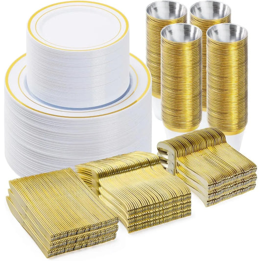 NEW Gold 600PCS Dinnerware Set for 100 Guests,Plastic Plates,100 Gold Disposable Plates,Dessert Plates,Cups,Spoons, Forks&Knives
