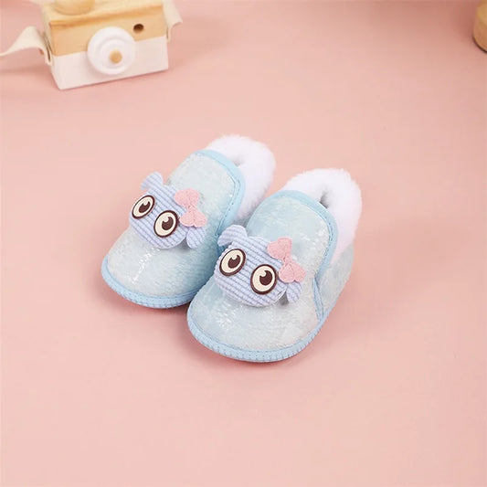 Adorable Baby Girls Plush Shoes with Cute Cartoon Design Big Eyes Warm Fleece Lining Non-Slip Sole for First Steps