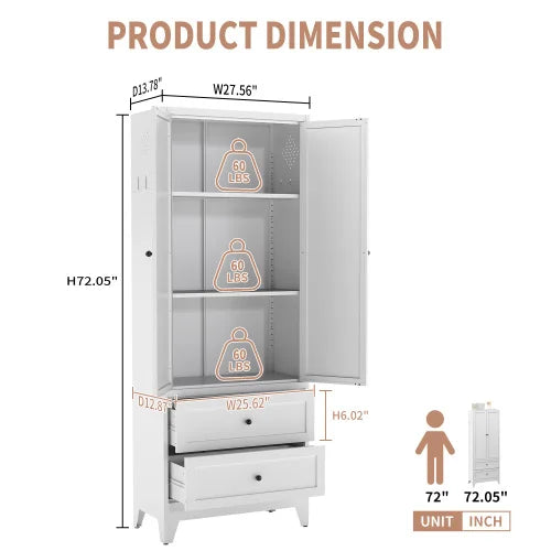 72 Inch White Steel Pantry Cabinet With 2 Drawers And Adjustable Shelves