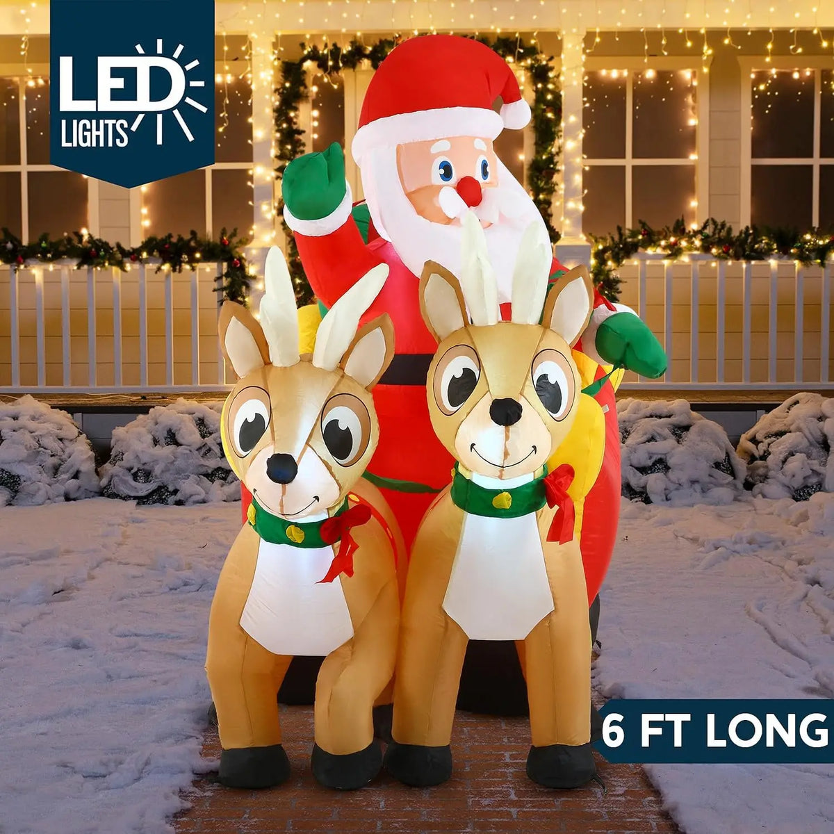 6 Foot Christmas Inflatable Santa Sleigh With Two Reindeer LED Lawn Decoration
