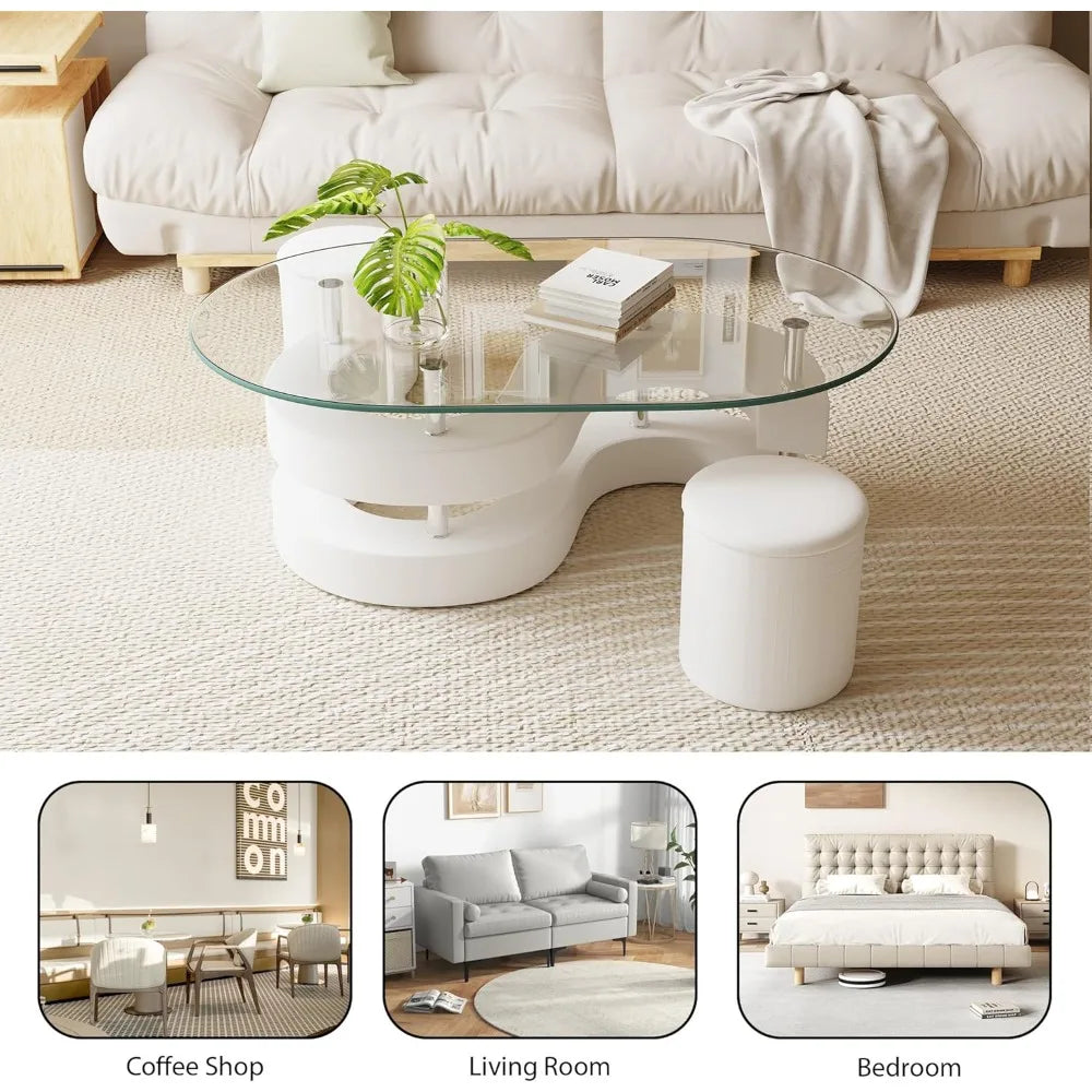 Oval Glass Coffee Table Set of 3, 0.39" Tempered Glass Top and S Shape Base, Modern Center Table with 2 Leather Stools, Accent C