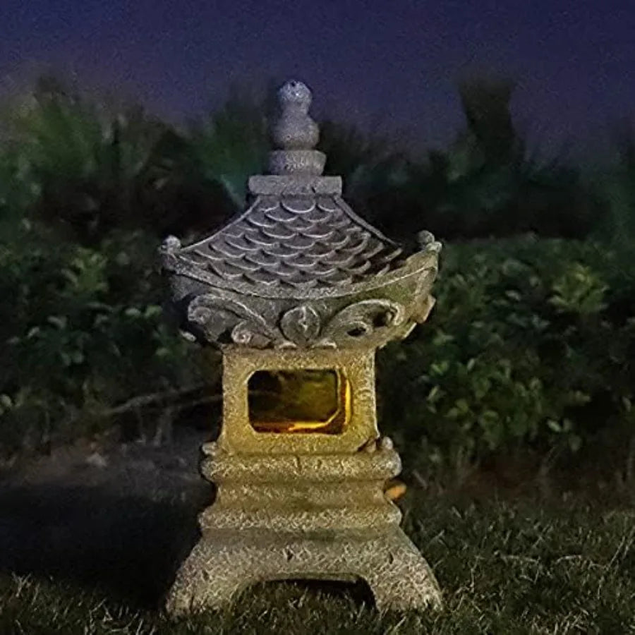 Asian Solar Zen Pagoda Garden Statue 14 Inch, Outdoor Japanese Lamp Lantern for Home Garden Landscape Décor 14 inch Pagoda