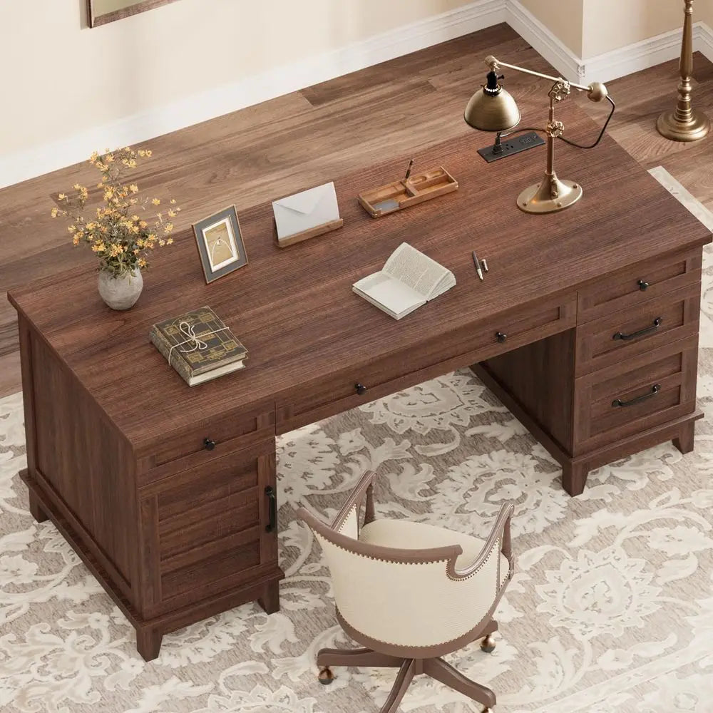 60-inch Wooden Home Office Desk with Charging Station and Storage in Walnut Brown