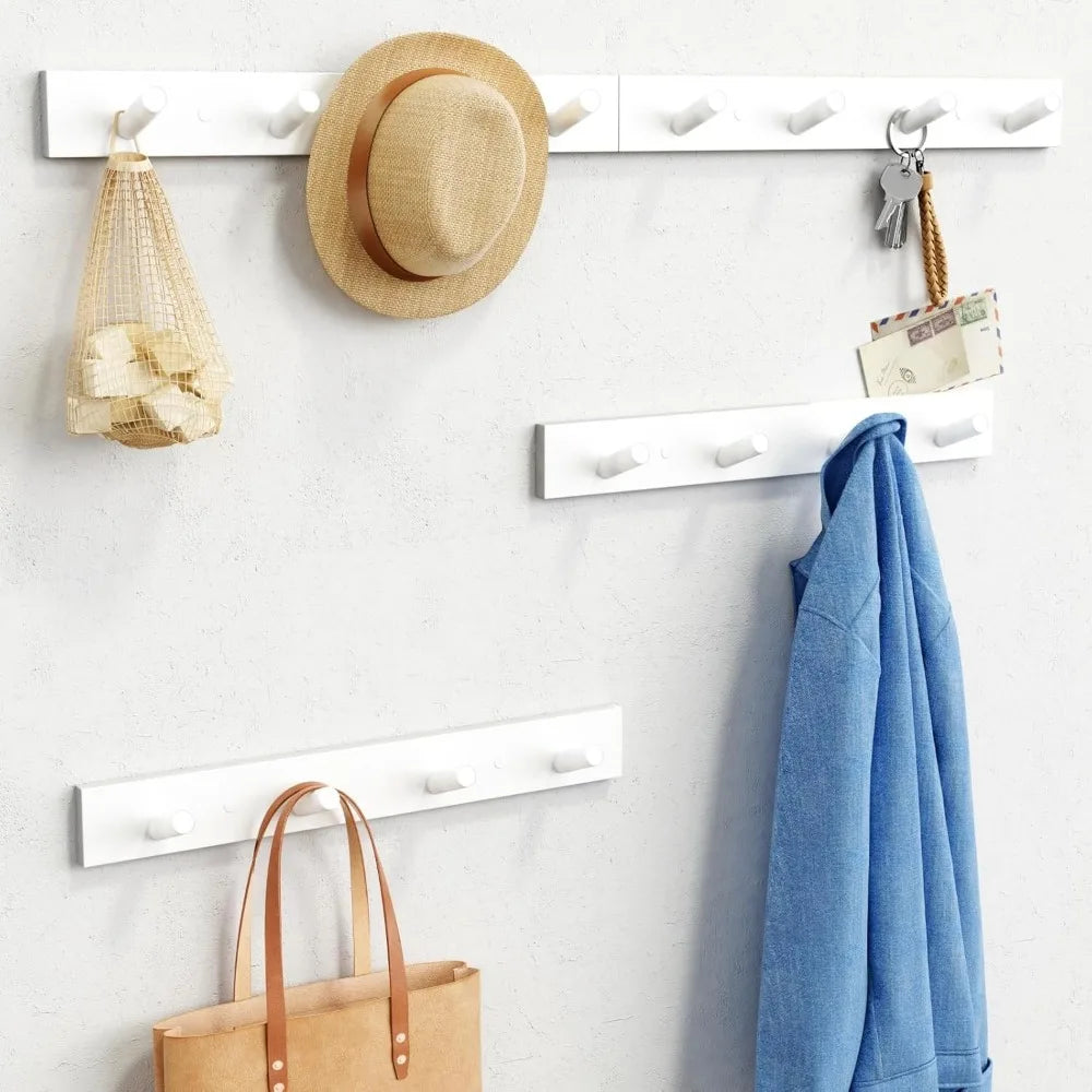 White Wall Mounted Coat Rack 16 Hooks 4 Pack Large Wood Entryway Heavy Duty Modern for Clothes Bags Hats Purses Closet