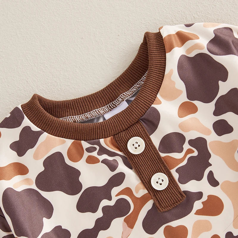 Infant Boys Fall Outfits Camouflage Letter Pattern Long Sleeve Crew Neck Rompers with Elastic Waist Pants 2 Pcs Set