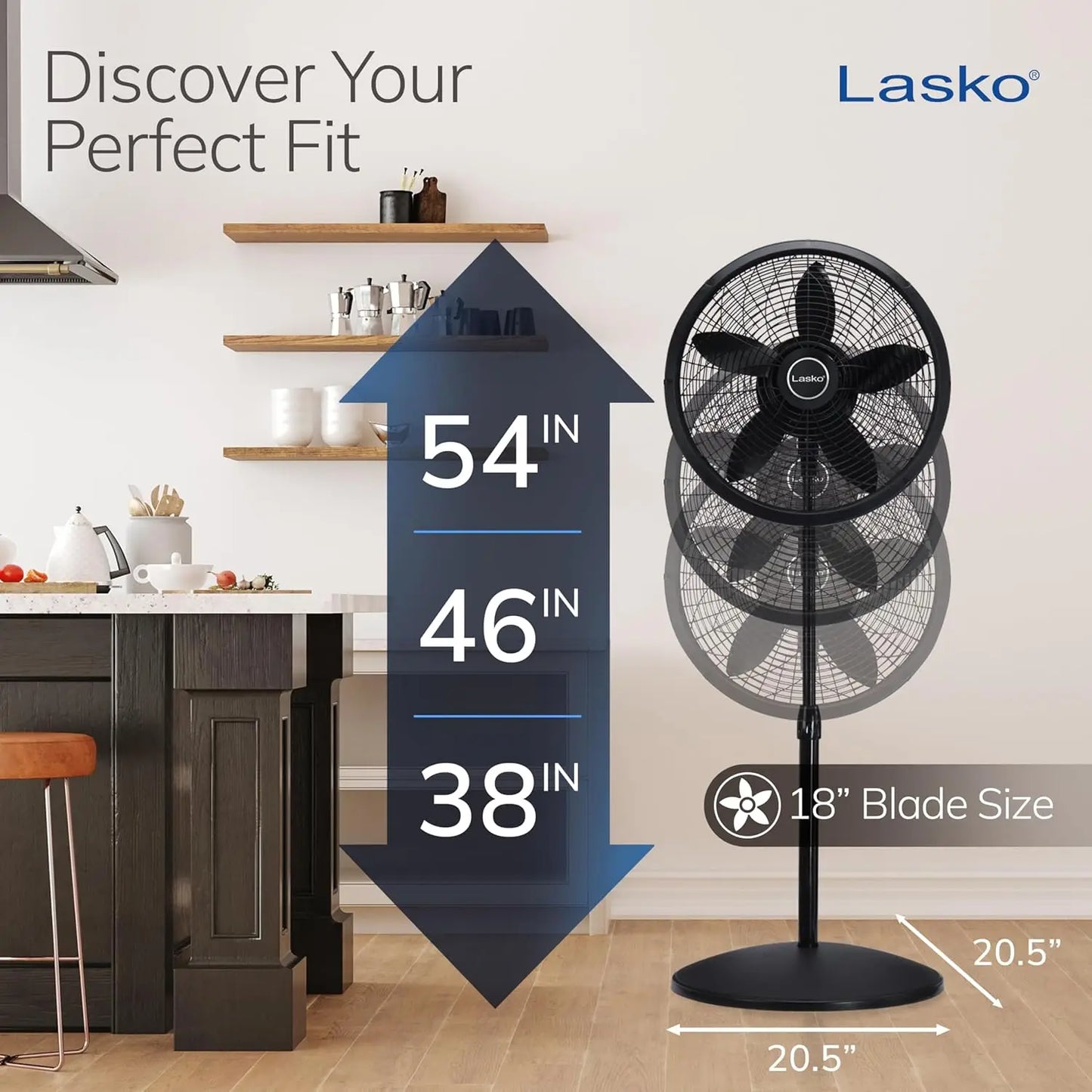 Oscillating Pedestal Fan with Adjustable Height, 3 Speeds for Bedroom and Living Room, Portable Stand Fan 18 Inches
