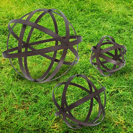 3 PCS Garden Spheres Balls Assorted Size Distressed Metal Band Decorative Sphere Folding Orbs Sculpture for Outdoor Indoor Deco