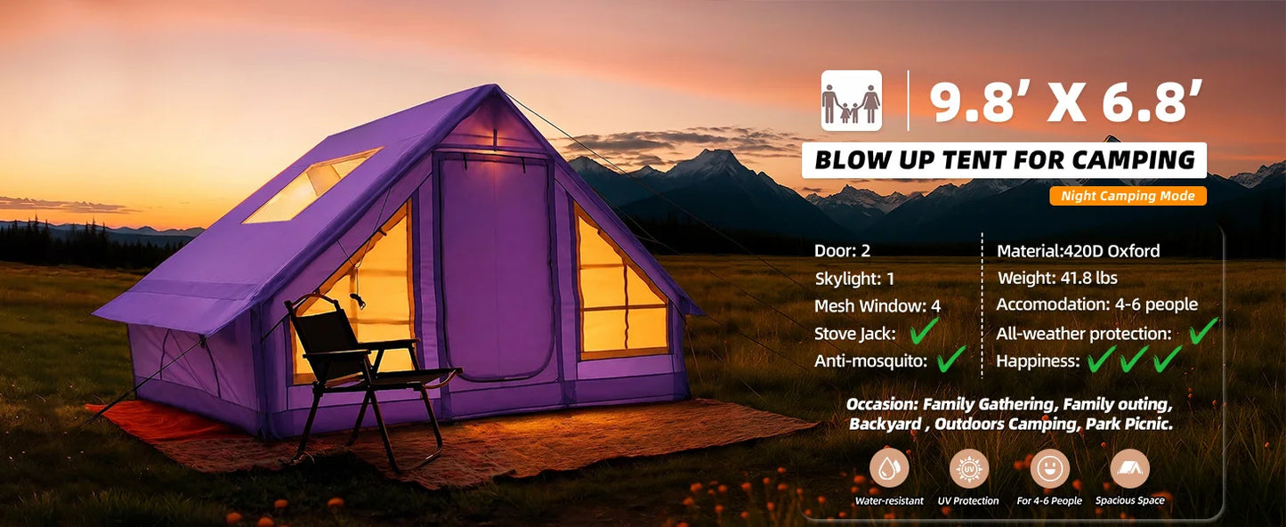 SENLEETO 67.8 SqFt Inflatable Camping Tent for 2-3 Person with Stove Jack,Black Coating Easy Setup Blow Up Tent with Skylight AC Vent Mesh Window