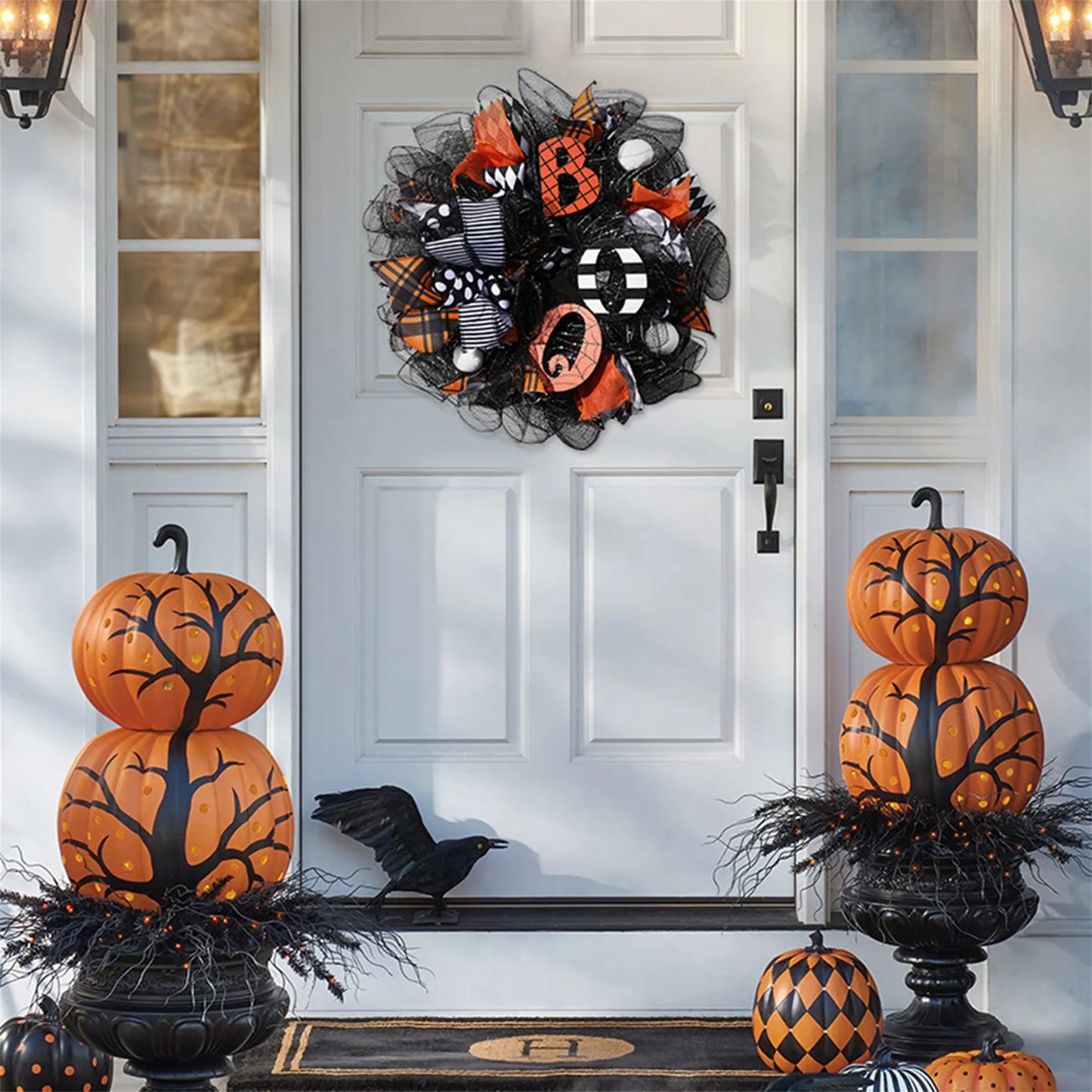 Spooky Halloween Wreath with LED Lights Festive Indoor Outdoor Decorative Garland for Front Door Party Decorations