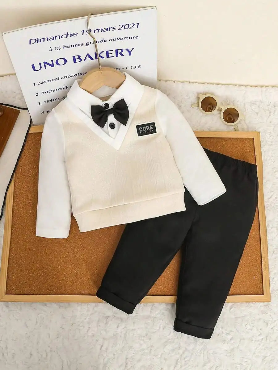 2-Piece Baby Boy Formal Outfit: Knit V-Neck Sweater with Bow Tie + Elastic Waist Pants