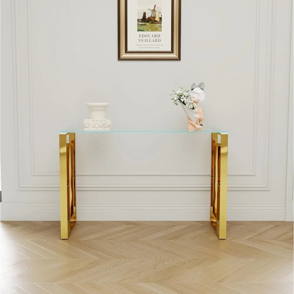 Toughened Glass Console Table,Clear Glass Accent Console Sofa Table with Stainless Steel Frame,Gold Entry Tables for Hallway, So