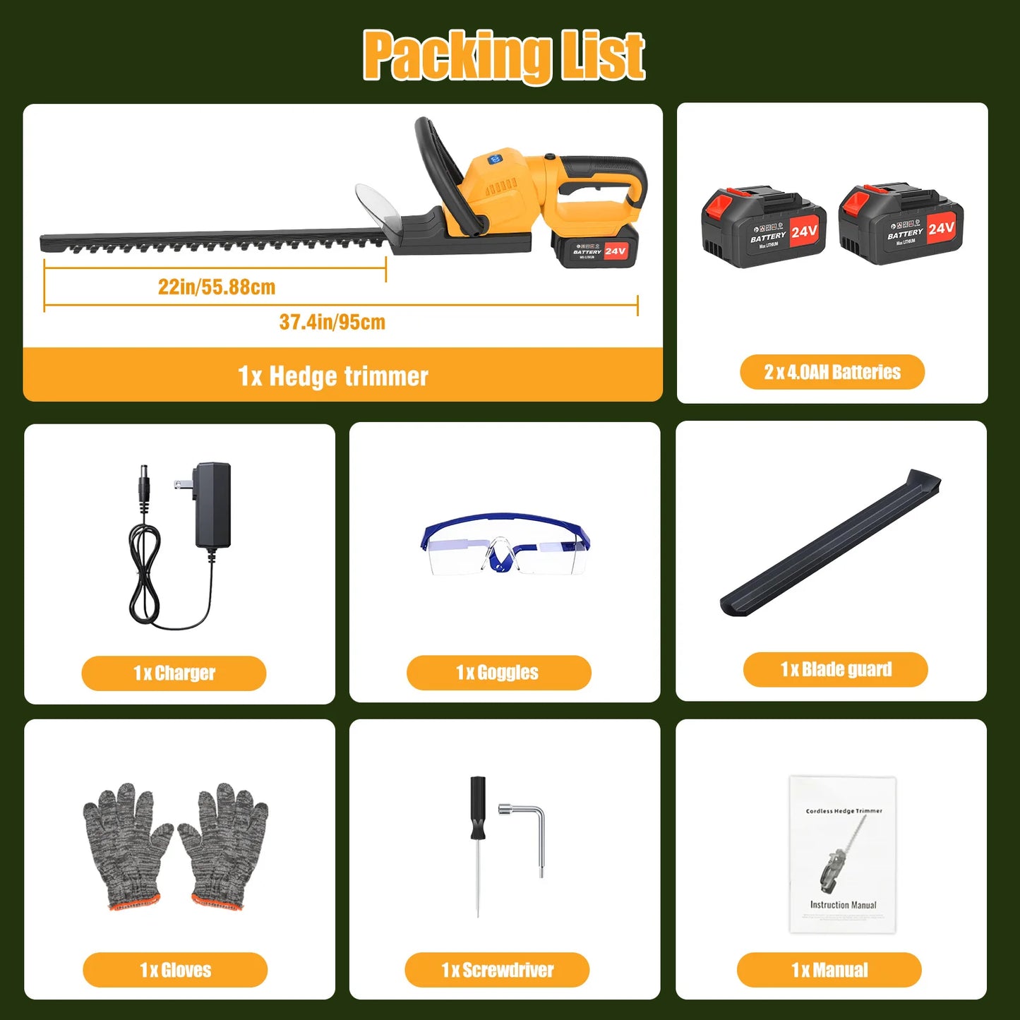 22-Inch Cordless Hedge Trimmer Lawn Mower –24000r/min Portable Hedge Cutter with 4000mAh Batteries for Lawn Garden Yard Tools