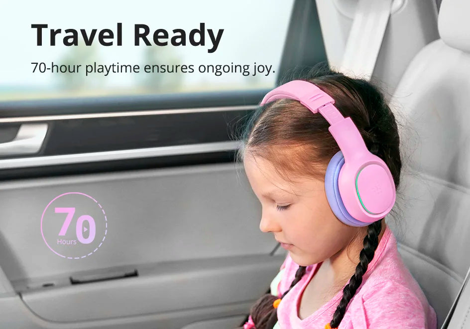 Tronsmart KH03 Active Noise Cancelling Kids Headphones, Foldable Bluetooth Headset with HD Mic for Class Clarity, Soft Protein Earpads, 7-Color LED, Safe Volume Limit, 70H Battery for Travel/Study